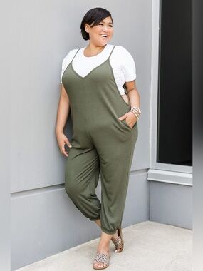 In the Mood Jumpsuit (NWOT) Olive, Size XS **fits more like a S/M